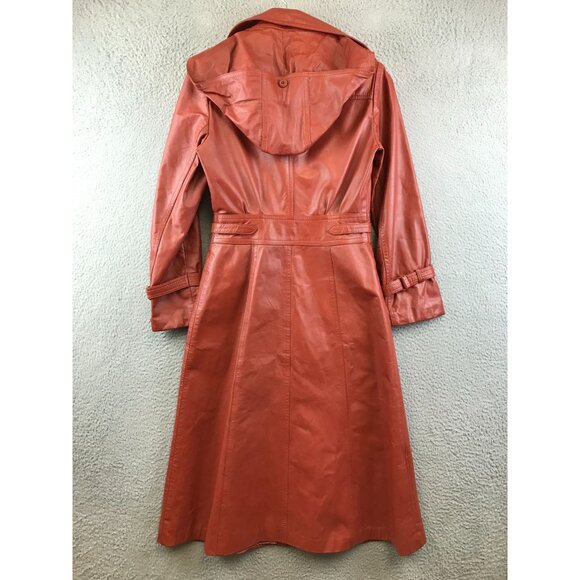Vintage 70s Genuine Leather Trench Coat With Hood size 7 - Picture 2 of 13